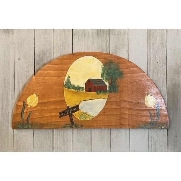 Vintage 1998 Handmade Hand Painted Wooden Hanging Sign Barn & Pond Scene Signed - Picture 1 of 8